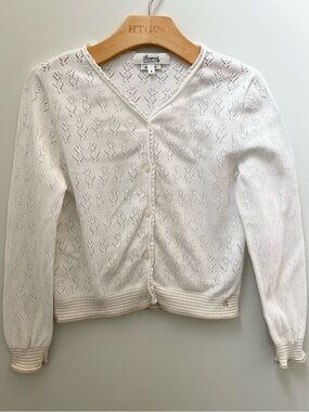 Bonpoint Cream Eyelet Knit Cardigan - V-Neck Button Front